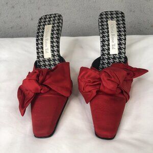 Olivia Rose Tal Shoes Womens Size 5 Red Bow Mule Kitten Heels Satin Leather Sole